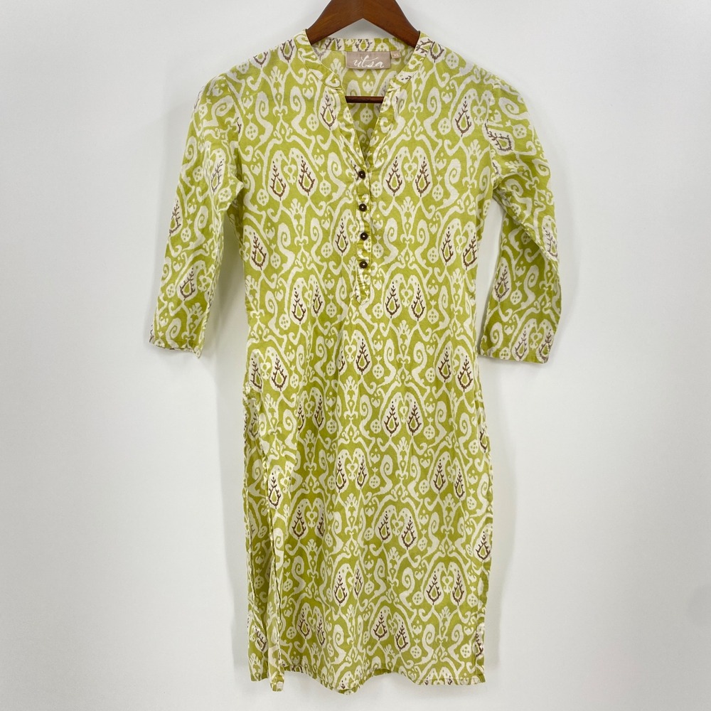 Utsa Kurti Tunic Women XS Lime Green Ikat Block Print Boho Split Neck Henley‎